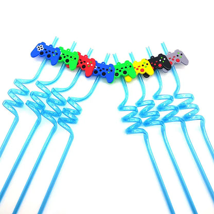 8pcs 26cm Reusable Game Controller Plastic Helical   Straws Gamepad Toys Straw Game Console Theme Kids Birthday Party Decor