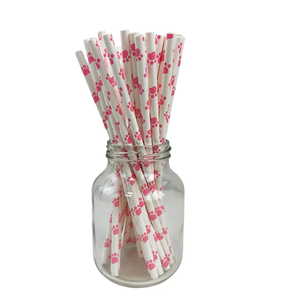 25/50/100/200pcs Dog Paw Print Paper Straws Animal Dog Puppy Straws Dog Themed Drinking Straws for Puppy Birthday Party Decors