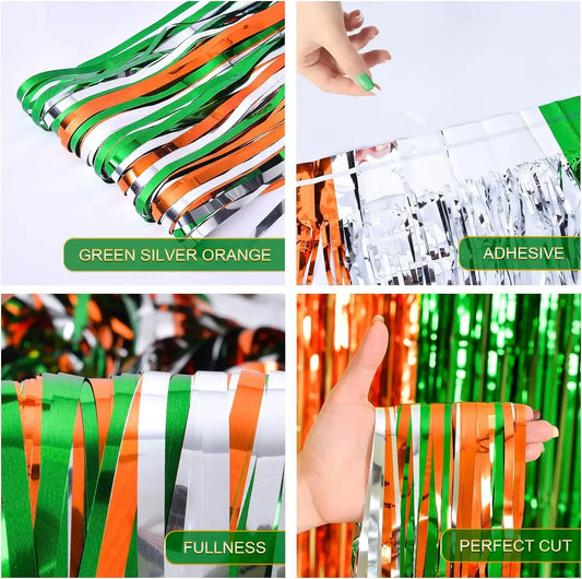 3 Pack St. Patrick's Day Foil Fringe Curtains Green White Orange Tinsel Fringe Photo Booth Prop Backdrop for Irish Party Decor
