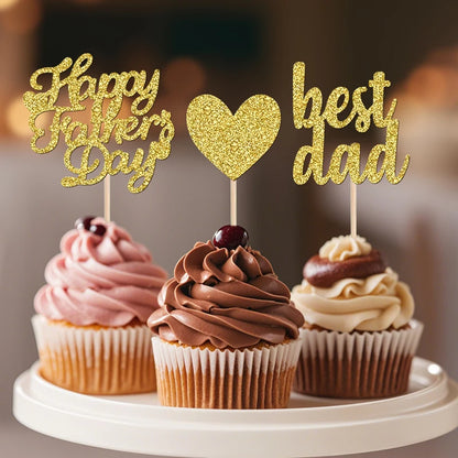 YOMDID 24Pcs Glitter Fathers Day Cake Toppers Happy Fathers Day Cake Toppers Best Dad Heart Cupcake Picks Party Cake Decor