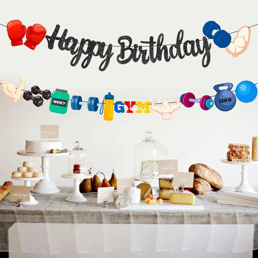 1 Set Fitness Gym Theme Happy Birthday Banner Gymnasium Wall Hanging Garland for Girl Boy Sports Birthday Party Decorations