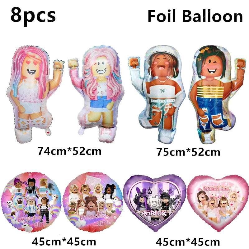 Pink Roblox Balloons Happy Birthday Banner Party Decoration Hot Robot Game Cake Topper Disposable Tableware Kids Girl Background