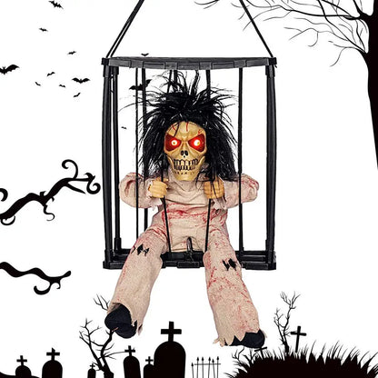 Halloween Decoration Prisoner Ghost In Cage Scary Skull Prop Electric Skeleton Toy Glowing Eye Sound Doll Hangable Talking Ghost