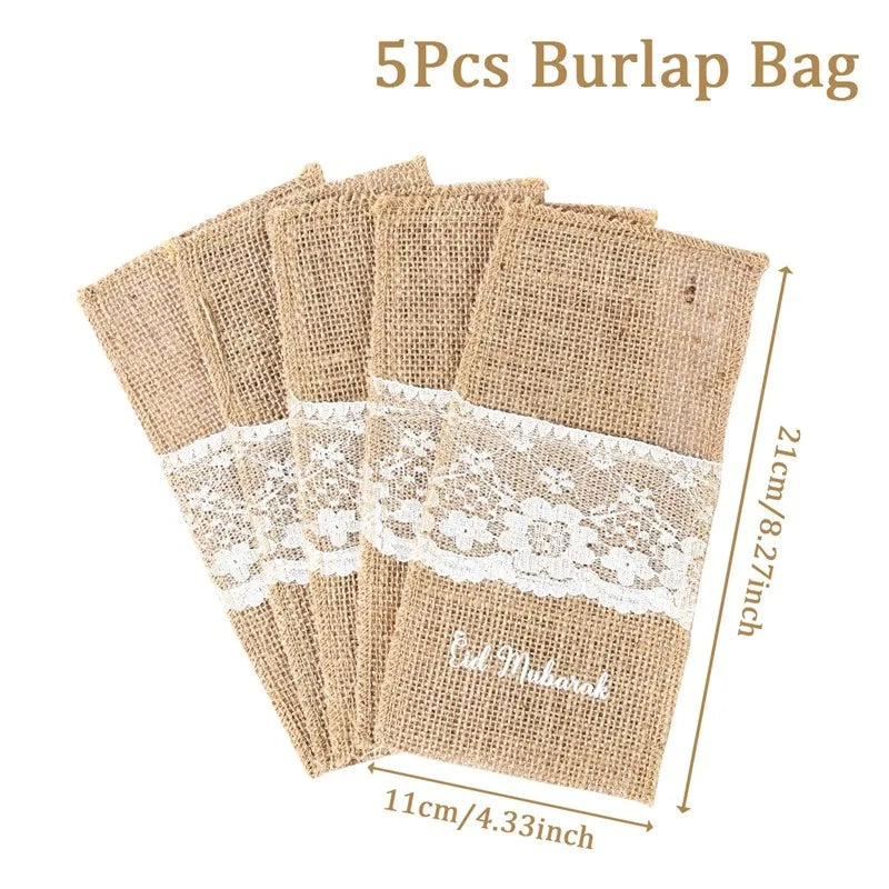 Eid Mubarak Burlap Cutlery Pouch Ramadan Decor for Home 2025 Table Decor Ramadan Kareem Islamic Muslim Party Eid Al-Fitr Gifts