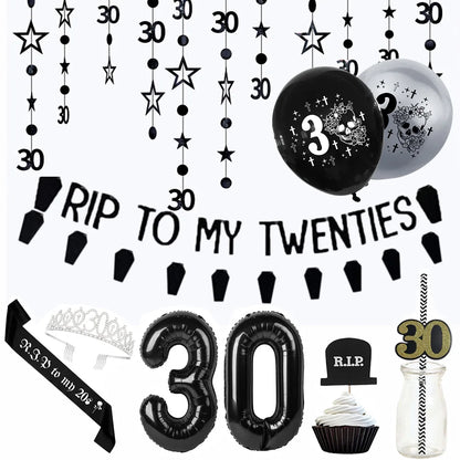 RIP to My 20s Supplies Banner Garland Backdrop Tablecloth Rip Sash Cake Topper Balloon Funeral Youth Funny Thirtieth Party Decor