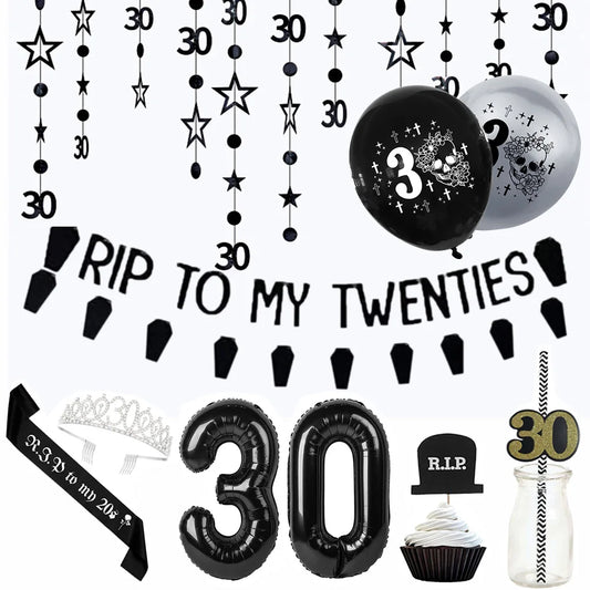 RIP to My 20s Supplies Banner Garland Backdrop Tablecloth Rip Sash Cake Topper Balloon Funeral Youth Funny Thirtieth Party Decor