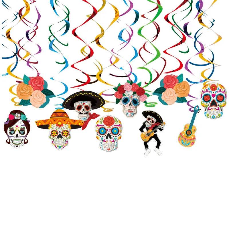 Mexico Day of  The Dead Theme Skull Banner Multicolor Mexican Photography Backdrop with Photo Booth Props Party Decorations