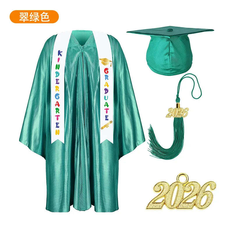 2025 Year Preschool and Kindergarten Graduation Gown Cap Tassel Set with 2025/2026 Charm Printed Stole Grad Gift for Boys Girls