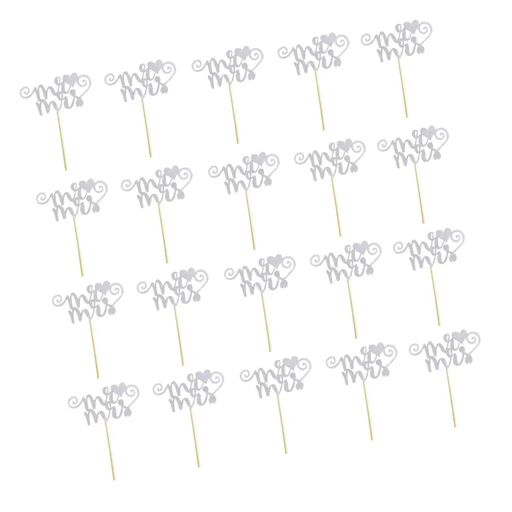 20pcs/set Glitter Paper Wedding Mr & Mrs Heart Cake Cupcake Topper Pick Decor for Wedding Party Anniversary Accessories