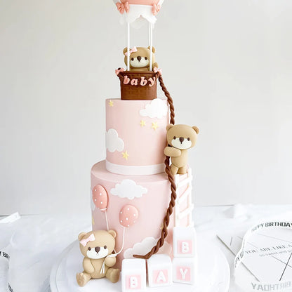 New 3D Pink Blue Bear Cake Topper Cute Mini Bear Doll Cake Decoration Boy Girl Birthday Party Gender Reveal Baby Shower Supplies