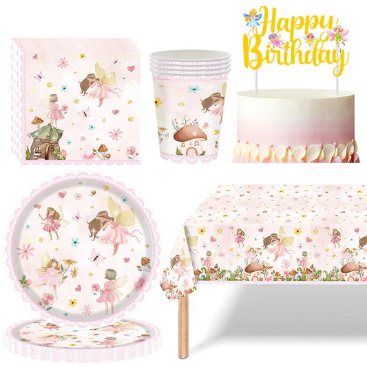 Pink Fairy Party Disposable Tableware Fairy Birthday Party Supplies Plate Cup Napkin Tablecloth Flower Fairies Birthday Decors
