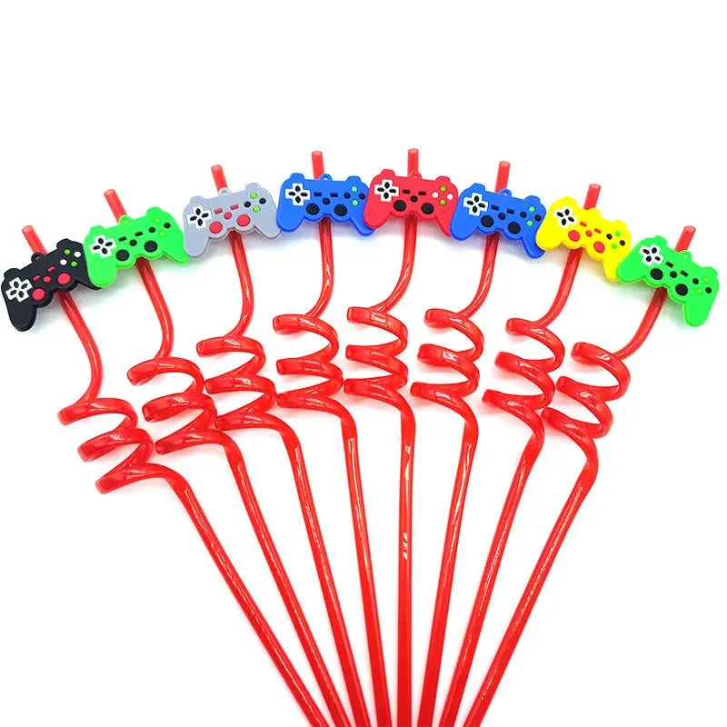 8pcs 26cm Reusable Game Controller Plastic Helical   Straws Gamepad Toys Straw Game Console Theme Kids Birthday Party Decor