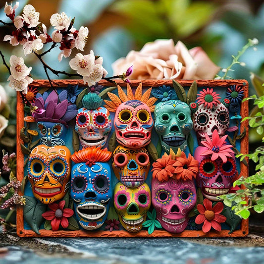 Mexican Day of The Dead Sugar Skull Masks Wall Art Decor - Vintage Sign for Gym, Kitchen, Classroom - Unique Birthday Gift Idea
