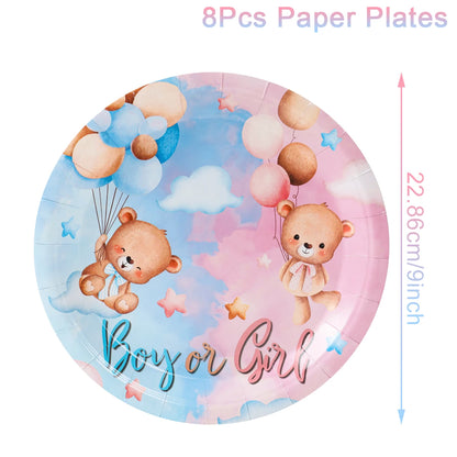 Teddy Bear Gender Reveals Baby Shower Disposable Tableware Sets Pink Blue Napkin Plate Boy or Girl Happy Birthday Party Supplies