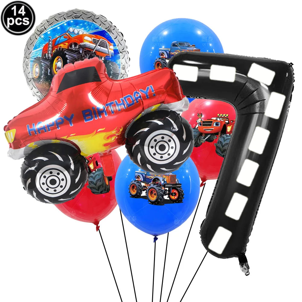 Monster Truck Birthday Party Paper Plates Cup Napkin Tablecloth Balloon Hanging Swirls Banner Monster Truck Birthday Party Decor