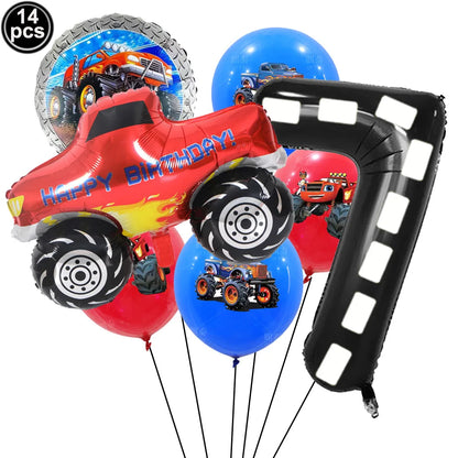 Monster Truck Birthday Party Paper Plates Cup Napkin Tablecloth Balloon Hanging Swirls Banner Monster Truck Birthday Party Decor