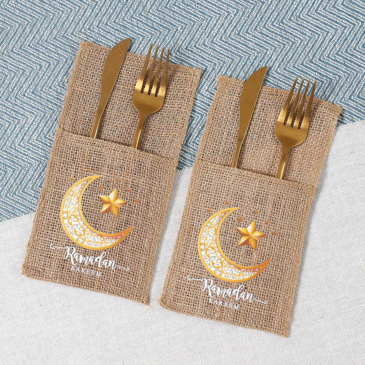 Eid Mubarak Burlap Cutlery Pouch Ramadan Decor for Home 2025 Table Decor Ramadan Kareem Islamic Muslim Party Eid Al-Fitr Gifts
