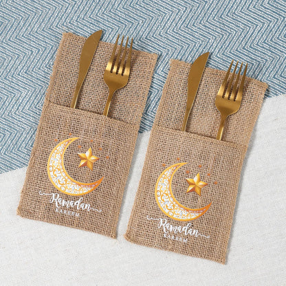 Eid Mubarak Burlap Cutlery Pouch Ramadan Decor for Home 2025 Table Decor Ramadan Kareem Islamic Muslim Party Eid Al-Fitr Gifts