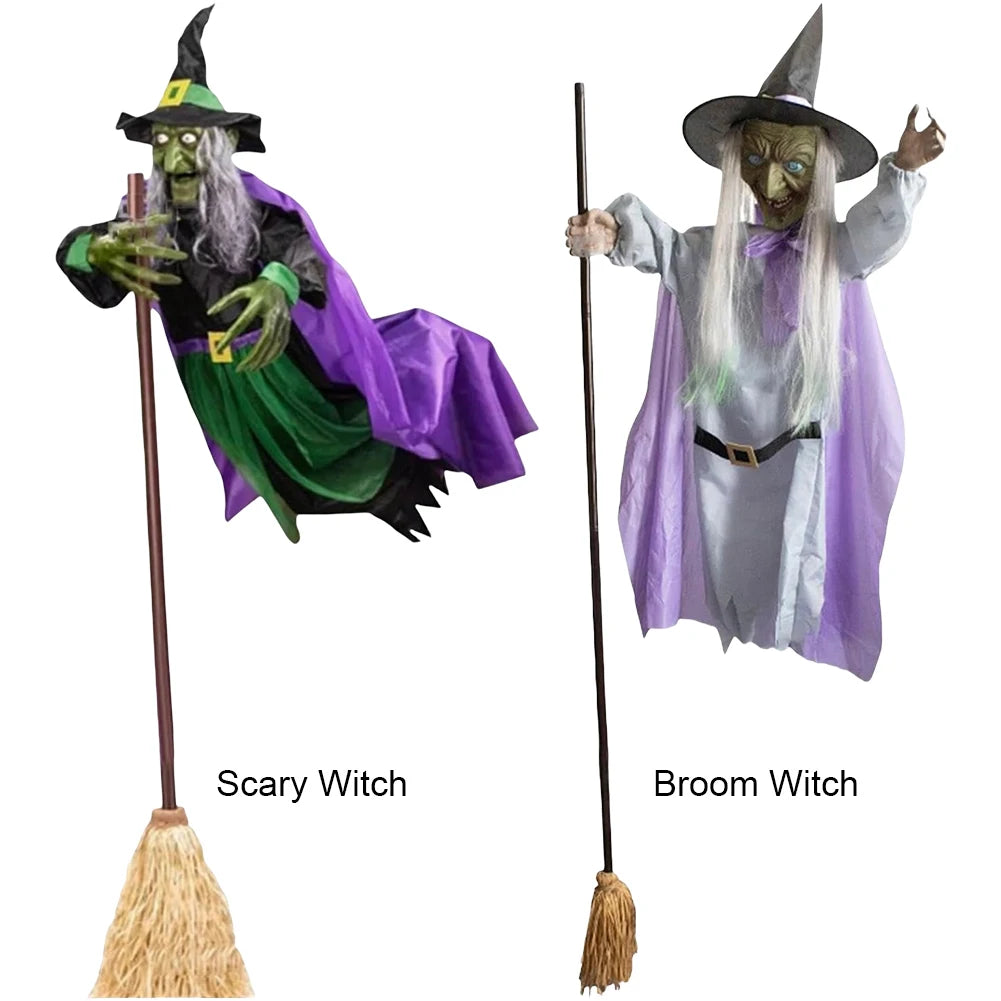 Flying Witch Decorations with Luminous Eyes Halloween Flying Witch on Broom Decor Animatronic Flying Witch for Garden Yard Lawn
