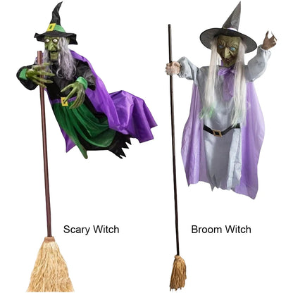 Flying Witch Decorations with Luminous Eyes Halloween Flying Witch on Broom Decor Animatronic Flying Witch for Garden Yard Lawn
