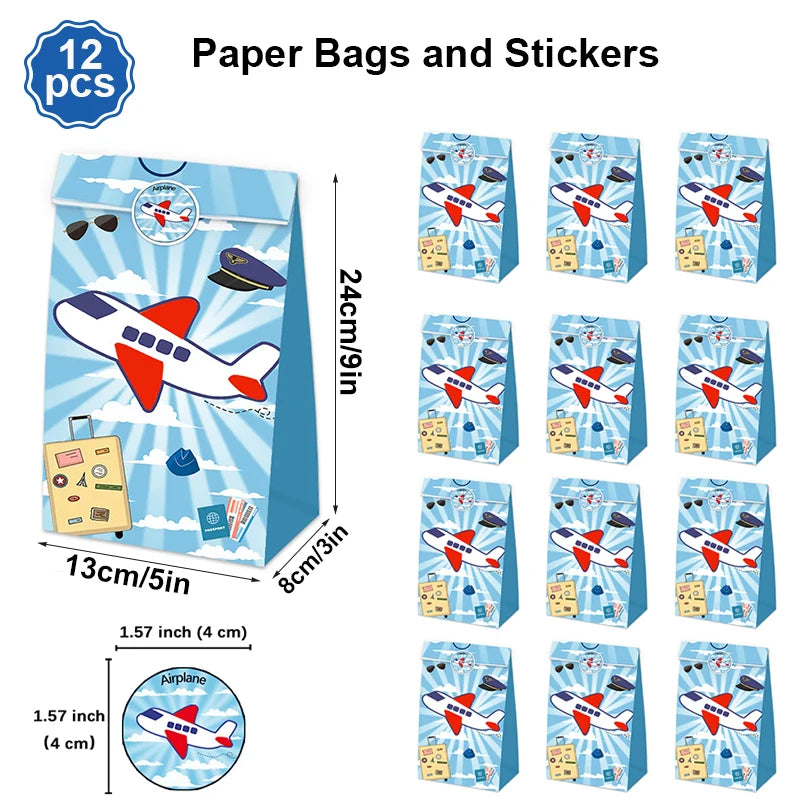 12/24Pcs Airplane Party Favor Bags Gift Goodies Treat Paper Bags With Stickers Kids Boy Flight Aviator Birthday Party Decoration