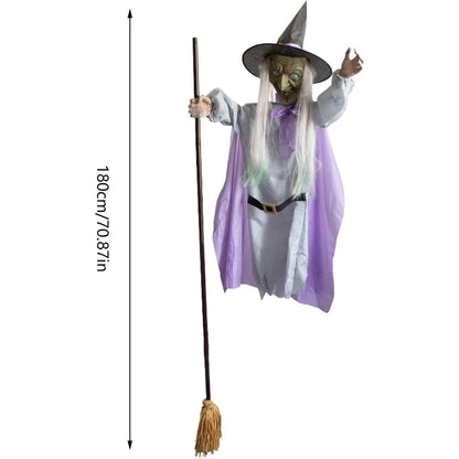 Flying Witch Decorations with Luminous Eyes Halloween Flying Witch on Broom Decor Animatronic Flying Witch for Garden Yard Lawn