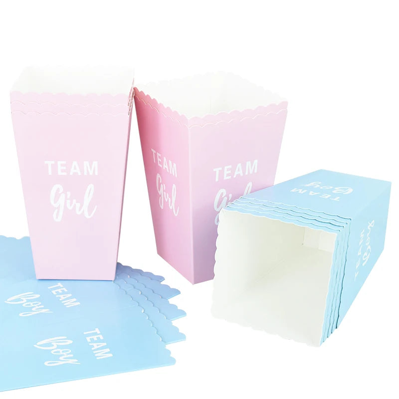 6pcs Gender Reveal Boy or Girl Popcorn Box Team Boy Girl Candy Treat Box Baby Shower Birthday Party Decor Packaging Supplies