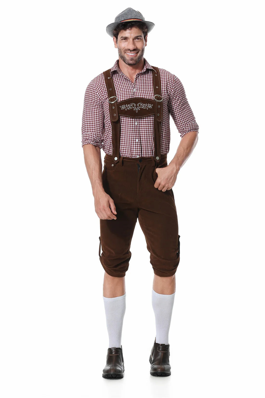 Three-Piece Set Oktoberfest Lederhosen Costume for Men Bavarian German Beer Festivals Suspenders Shirt Hat Male Cosplay Costumes