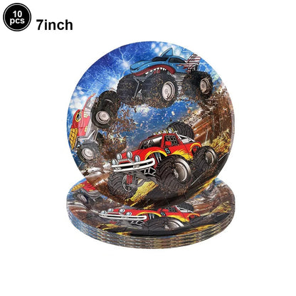 Monster Truck Birthday Party Paper Plates Cup Napkin Tablecloth Balloon Hanging Swirls Banner Monster Truck Birthday Party Decor