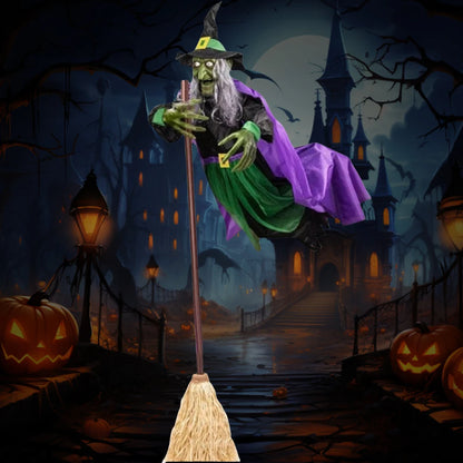Flying Witch Decorations with Luminous Eyes Halloween Flying Witch on Broom Decor Animatronic Flying Witch for Garden Yard Lawn