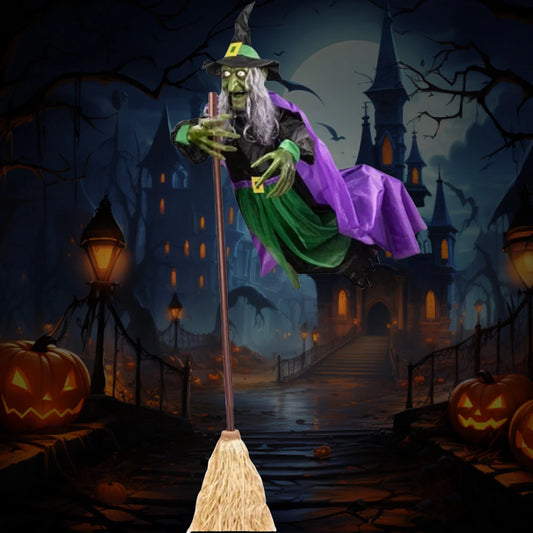 Flying Witch Decorations with Luminous Eyes Halloween Flying Witch on Broom Decor Animatronic Flying Witch for Garden Yard Lawn