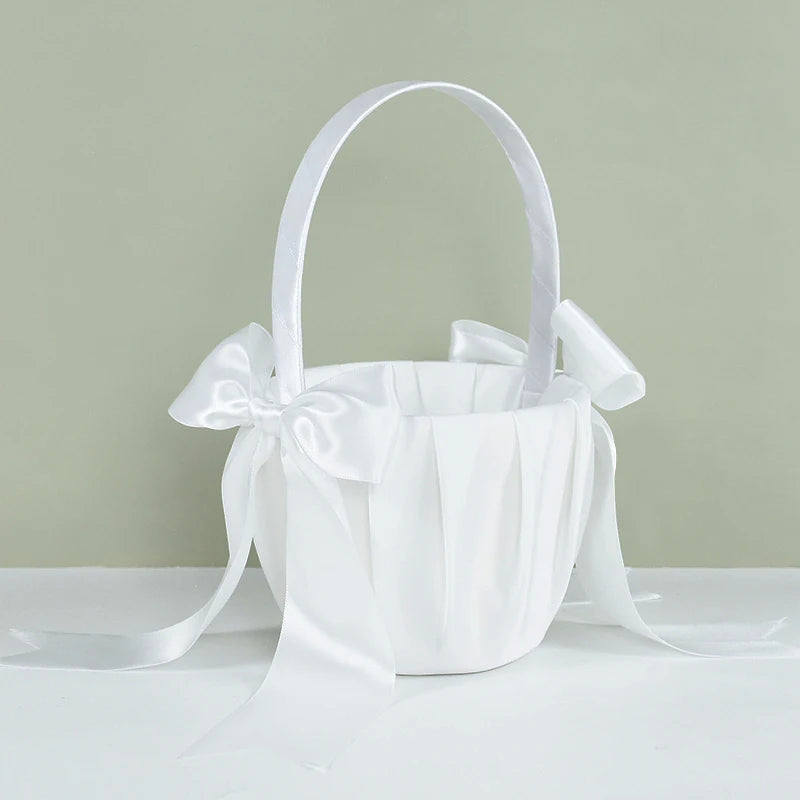 20 cm White Flower Girls Basket Silk Wedding Basket for Flower Bride/Kids Hand Held Wedding Ceremony Party Decorations