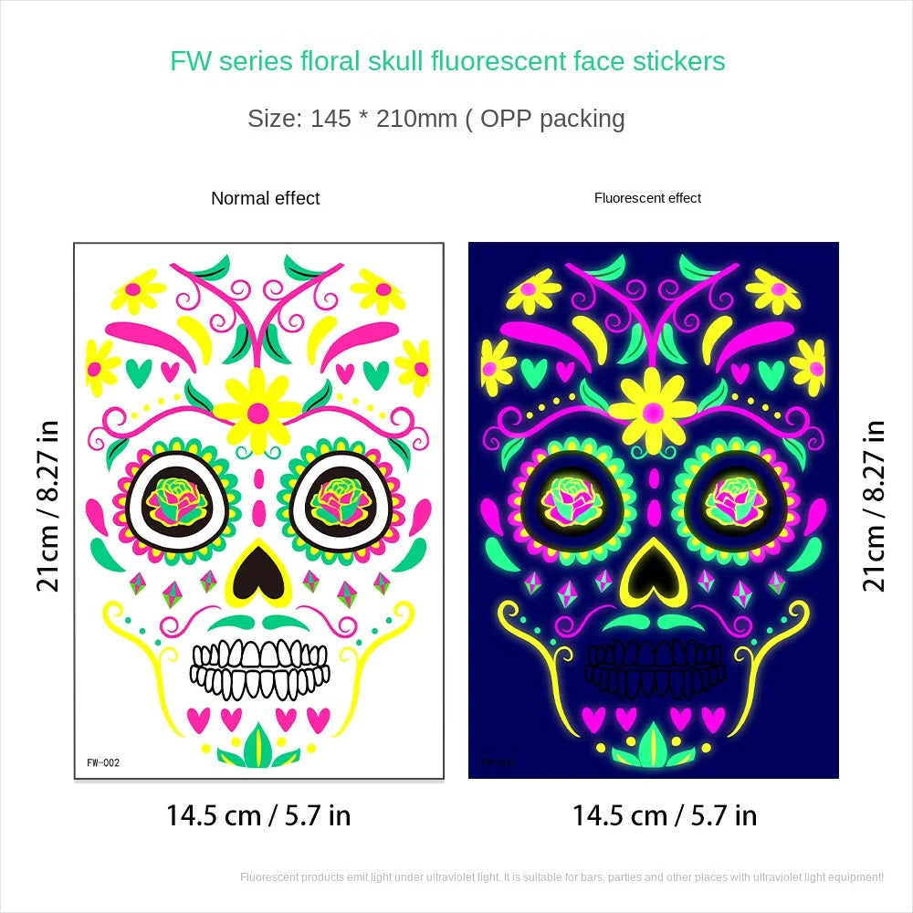 1/4/8PCS Waterproof Fluorescent Temporary Tattoo Neon Halloween Stickers Day of the Dead Party Festival Night Bar Face Stickers