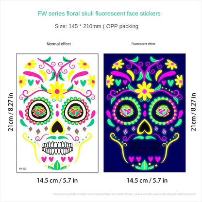 1/4/8PCS Waterproof Fluorescent Temporary Tattoo Neon Halloween Stickers Day of the Dead Party Festival Night Bar Face Stickers