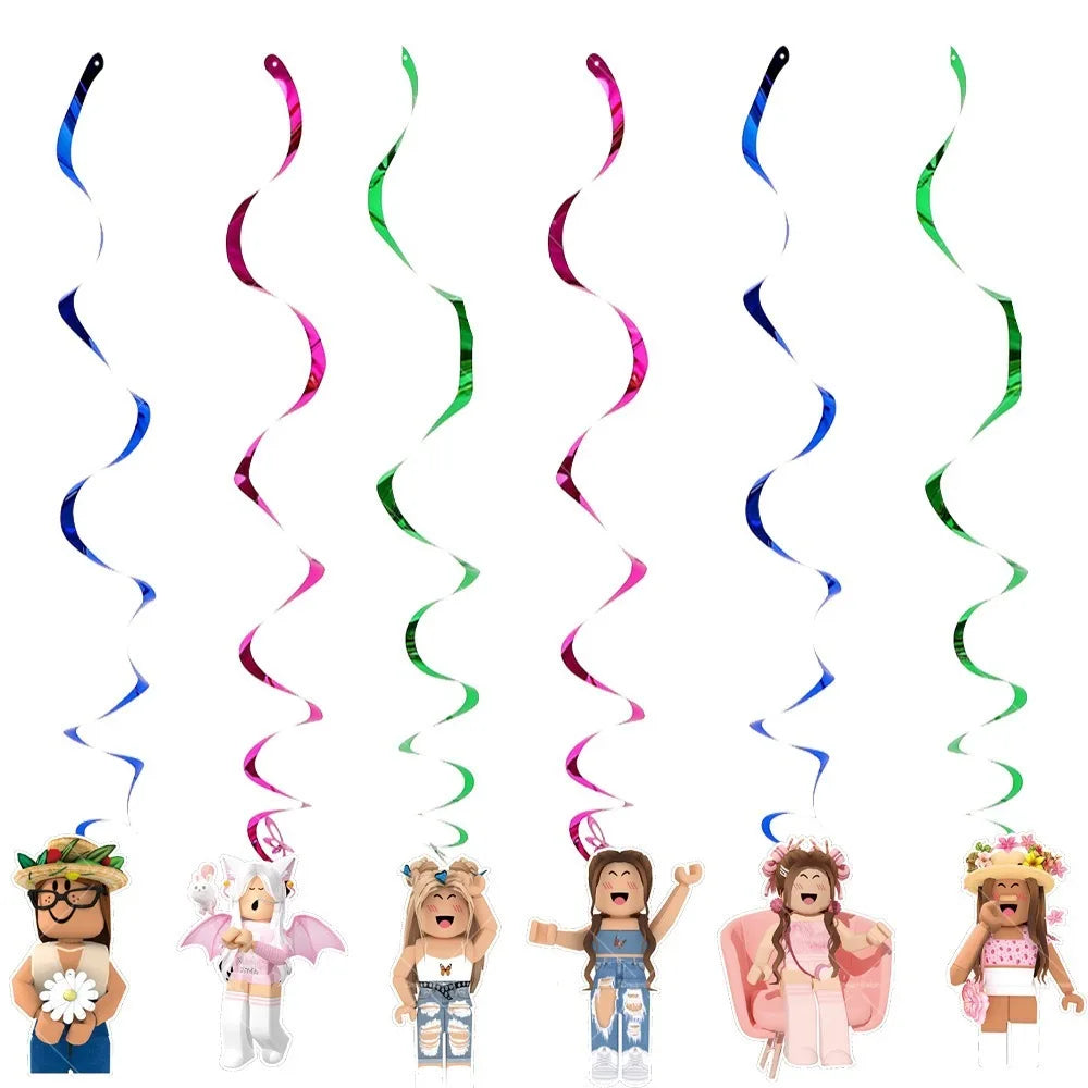 Pink Roblox Balloons Happy Birthday Banner Party Decoration Hot Robot Game Cake Topper Disposable Tableware Kids Girl Background