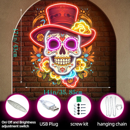 Skull Neon Sign UV Print Neon Sign Mexican Restaurant Skull Artwork Decor Business Decor