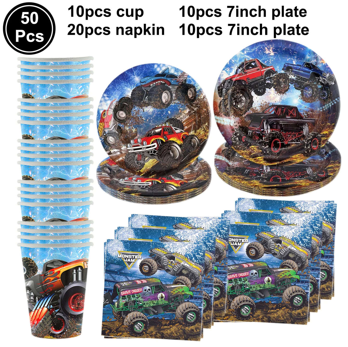 Monster Truck Birthday Party Paper Plates Cup Napkin Tablecloth Balloon Hanging Swirls Banner Monster Truck Birthday Party Decor