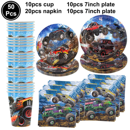 Monster Truck Birthday Party Paper Plates Cup Napkin Tablecloth Balloon Hanging Swirls Banner Monster Truck Birthday Party Decor