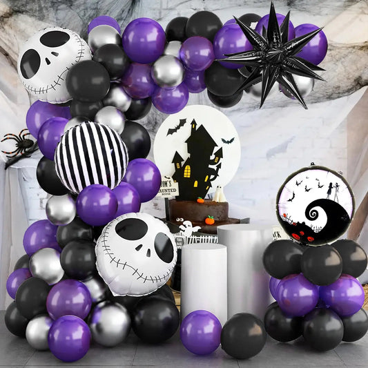 Halloween Party Balloon Garland Kit Nightmare Before Christmas Purple Black Balloon with Skull for Halloween Birthday Decoration