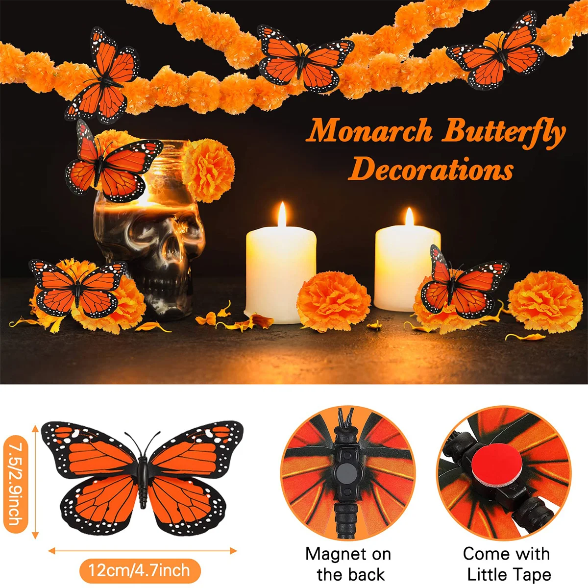 14~380pcs Day of the Dead Marigold Flower Garland Decorations Dia De Los Muertos ofrenda Altar with Monarch Butterfly Mexican