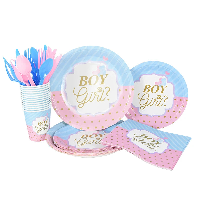 Gender Reveal Disposable Tableware Pink Blue Boy or Girl Plate Napkin Cup Tablecloth Baby Shower Party Table Decoration Supplies