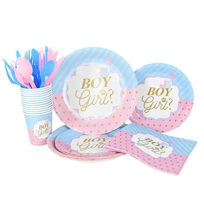 Gender Reveal Disposable Tableware Pink Blue Boy or Girl Plate Napkin Cup Tablecloth Baby Shower Party Table Decoration Supplies