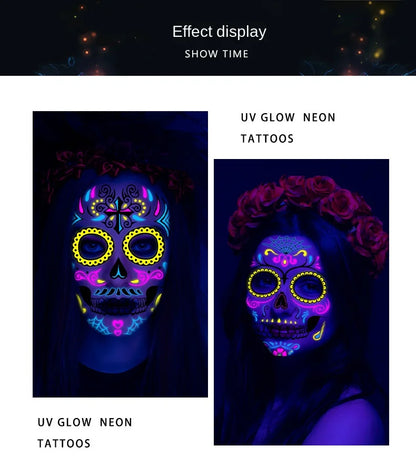 1/4/8PCS Waterproof Fluorescent Temporary Tattoo Neon Halloween Stickers Day of the Dead Party Festival Night Bar Face Stickers