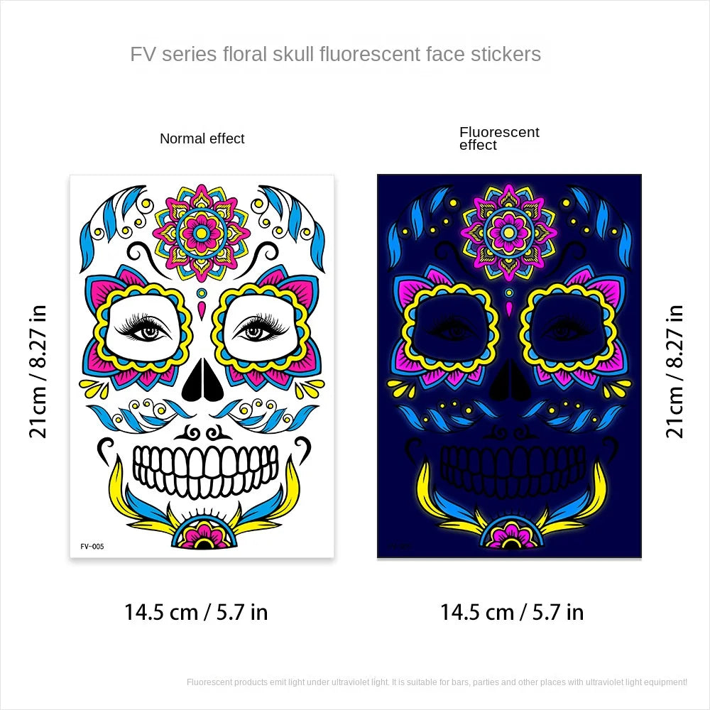 1/4/8PCS Waterproof Fluorescent Temporary Tattoo Neon Halloween Stickers Day of the Dead Party Festival Night Bar Face Stickers