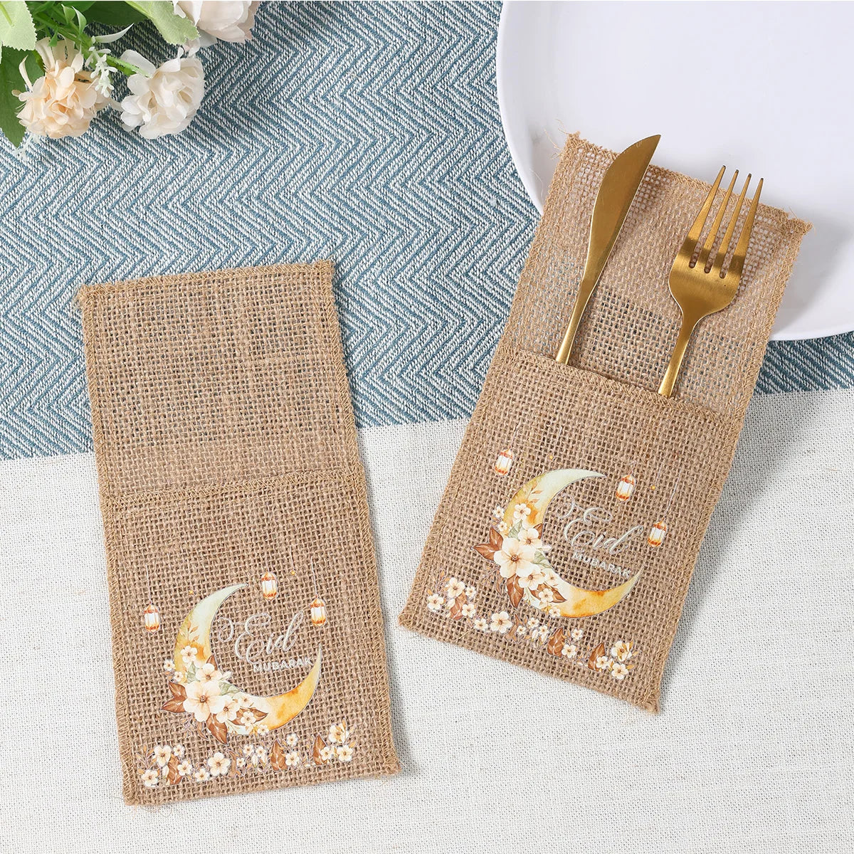 Eid Mubarak Burlap Cutlery Pouch Ramadan Decor for Home 2025 Table Decor Ramadan Kareem Islamic Muslim Party Eid Al-Fitr Gifts
