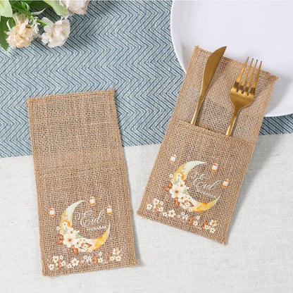 Eid Mubarak Burlap Cutlery Pouch Ramadan Decor for Home 2025 Table Decor Ramadan Kareem Islamic Muslim Party Eid Al-Fitr Gifts