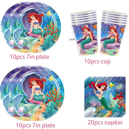 The Little Mermaid Theme Party Supplies  Ariel Princess Paper Napkin Plate Cup Balloons Kid Girls Birthday Party Decoration Gift