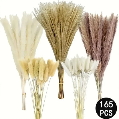 165PCS Pampas Grass Dried Flowers Boho Farmhouse Country Wedding Home Room Decor Bouquet Bunny Tail Grass DIY Artificial Flowers