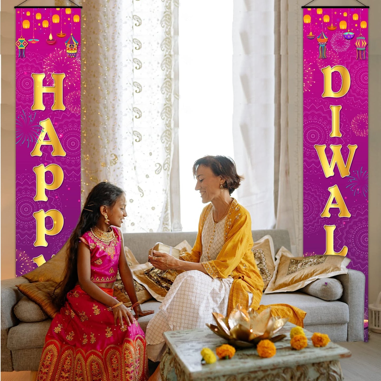 Cheereveal Happy Diwali Porch Sign Festival of Lights Party Banner Hindu Dewalee Door Hanging Decorations Deepavali Home Decor