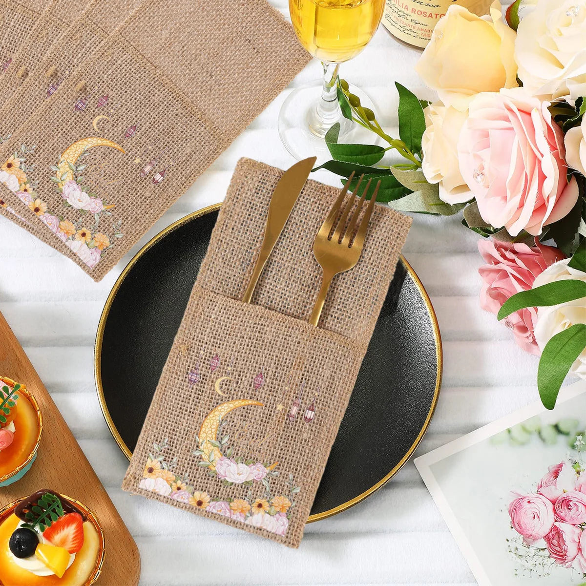 Eid Mubarak Burlap Cutlery Pouch Ramadan Decor for Home 2025 Table Decor Ramadan Kareem Islamic Muslim Party Eid Al-Fitr Gifts